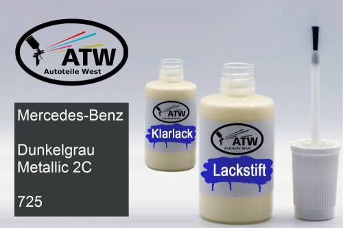 Mercedes-Benz, Dunkelgrau Metallic 2C, 725: 20ml Lackstift + 20ml Klarlack - Set, von ATW Autoteile West.